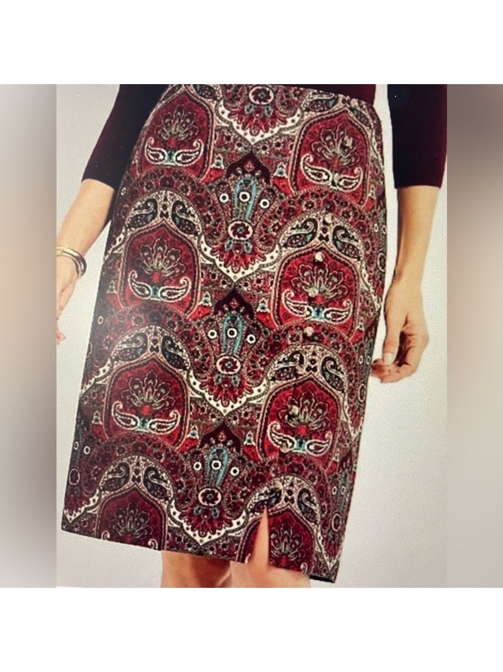 Talbots Red Paisley Faux-Wrap Side-Button Skirt - Petite Size 6 BNWT